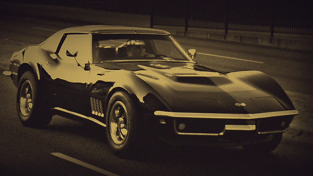 A 1969 Chevrolet Corvette Stingray driving toward the viewer, rendered as a fine gold line engraving.
