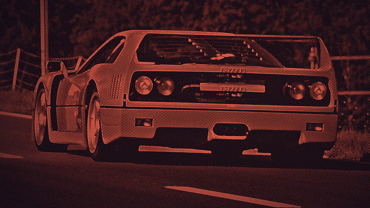 A Ferrari F40 seen from behind on a country road, rendered as a fine gold line engraving.