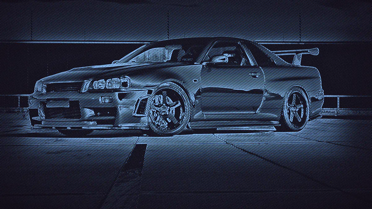 A Nissan Skyline GT-R R34 parked on an open rooftop, rendered as a fine gold line engraving.