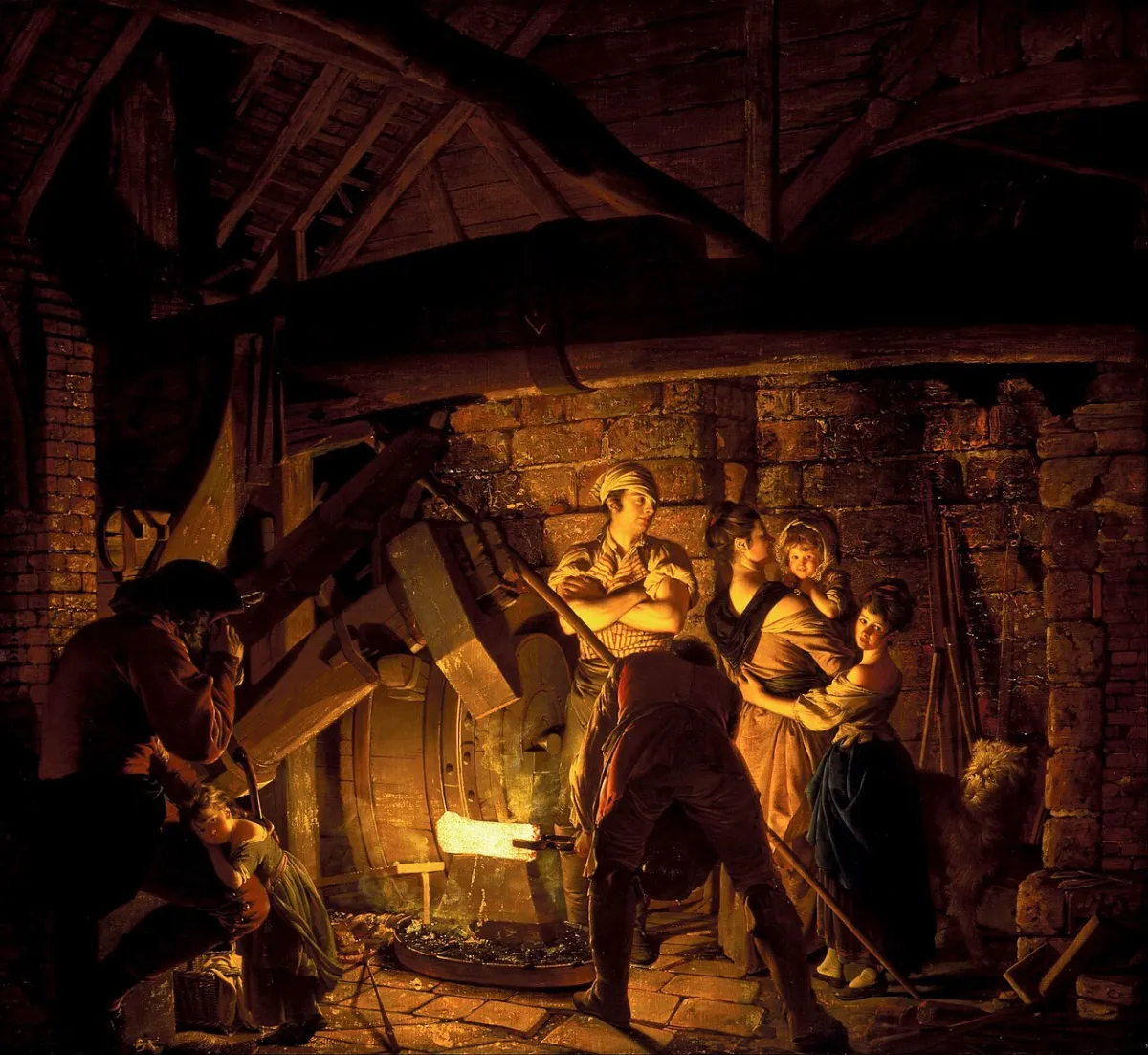 A smith and his family in a forge at night, lit by a glowing bar of iron under the hammer.